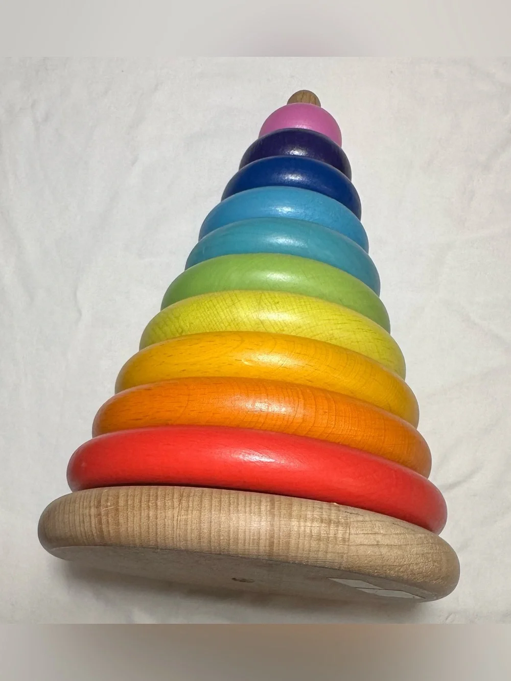 Crate and Barrel large baby stacking rings. Natural beech wood. Kids toy